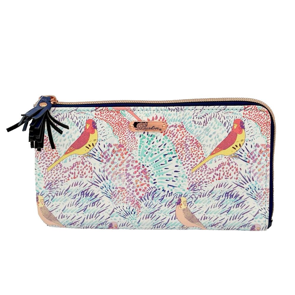 NWOT Buxton Bird Zip Around Wallet Organizing Pastel Botanical Tassel